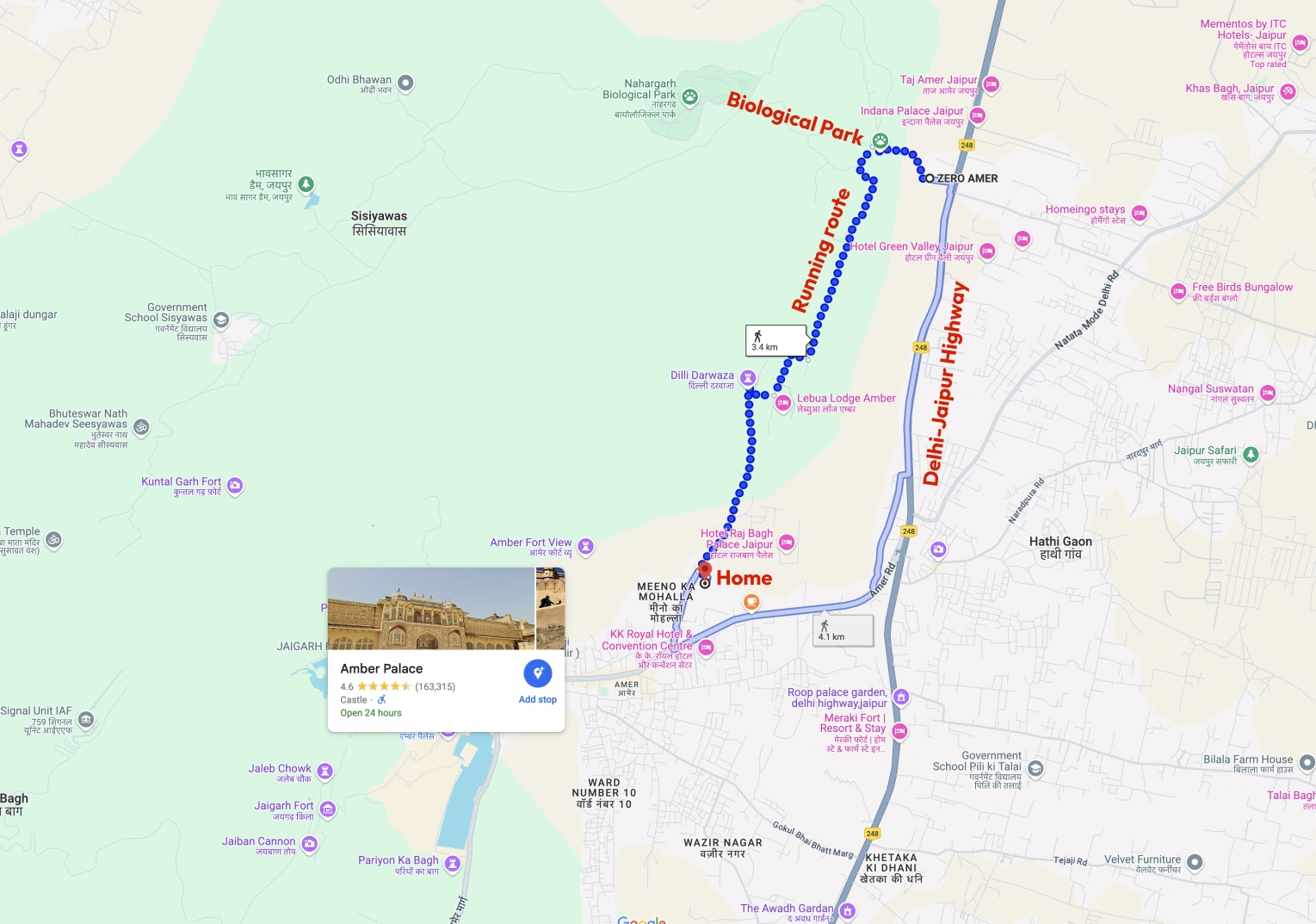 Map of my scenic running route from the Biological Park to Amber Palace, inspiring the discovery of the land now hosting Zero Amer amidst this area’s beauty and history.